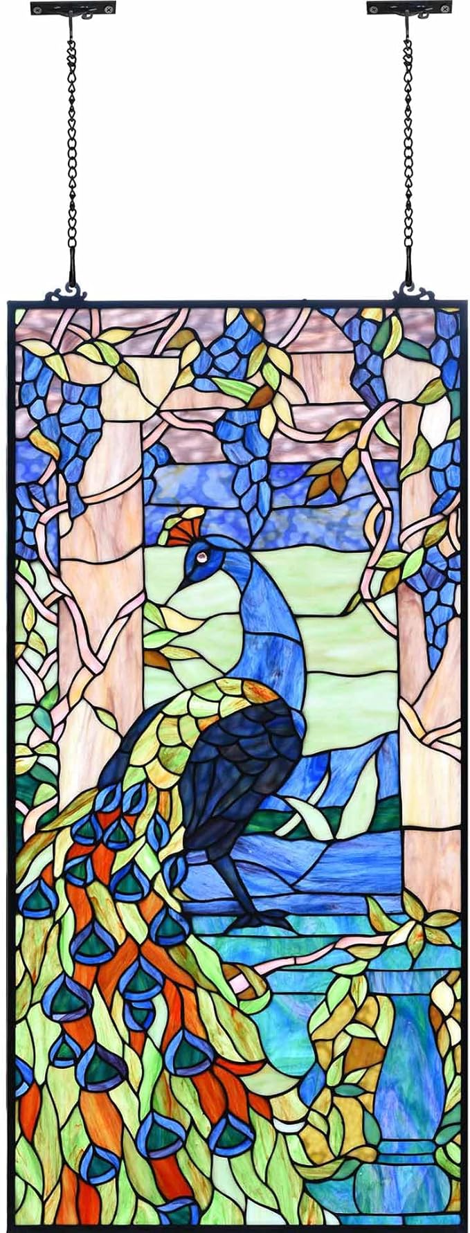 Bieye W10096 Peacock in Garden Tiffany Style Stained Glass Window Panel for Home Decor (Blue, 19.5Wx40.5H Rectangular)