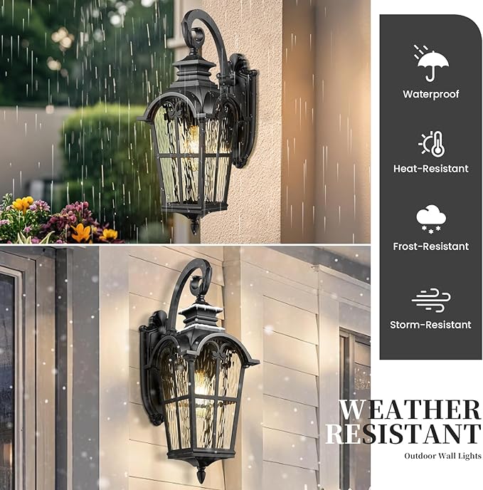 Outdoor Wall Sconce Light Exterior Lighting Fixtures in Black Finish 31 Inch Height Large Size Outdoor Wall Lights with Water Ripple Glass E26 Socket Waterproof