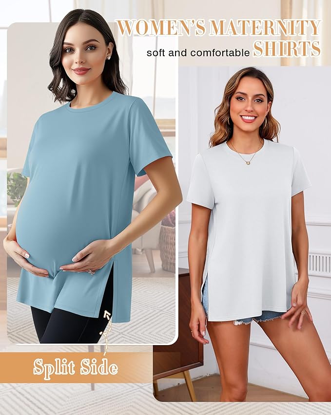 Ficerd 3 Pack Women's Maternity T Shirts, Short Sleeve Side Split Pregnancy Tops Casual Crew Neck Pregnant Tees Mama Clothes