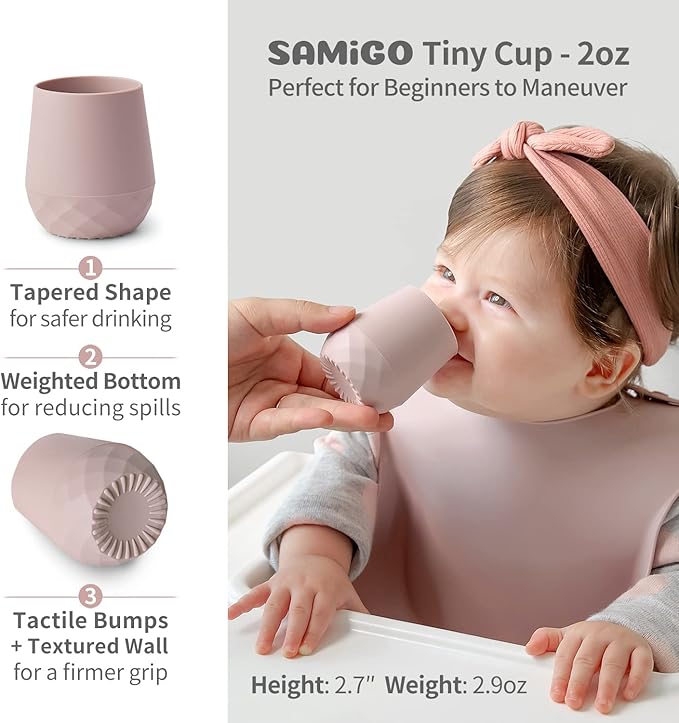 SAMiGO Silicone Baby Utensils - Self Feeding Spoons and Tiny Training Cup - First Stage Baby Led Weaning Supplies for 6 Months+ Infants - Set of 3