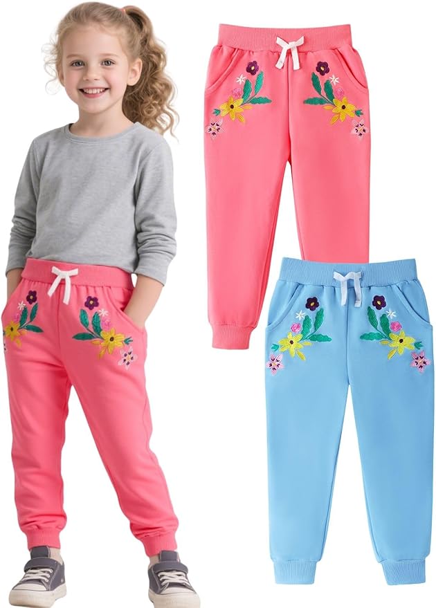 HILEELANG Girls Cotton Joggers Sweatpants Embroidery Drawstring Waist Pockets Casual Pants for Kids 12M-7Y