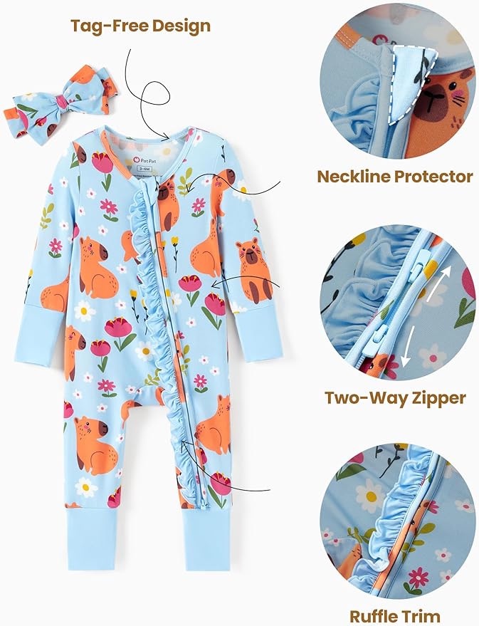 PATPAT Baby Girl Boy Clothes Newborn Infant Footie – Soft Viscose from Bamboo– 2-Way Zipper, Fold-Over Mitten, Ruffle Trim