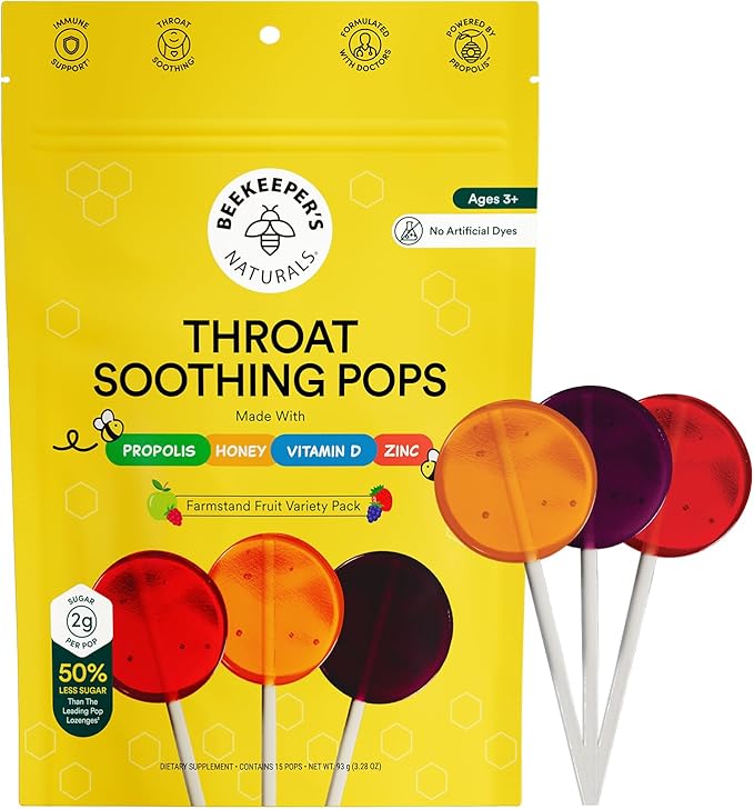 Kids Throat Soothing Lollipops by Beekeeper's Naturals - Doctor Formulated Immune Support, Vitamin D & Honey, Under 2g Sugar, Clean Ingredients,15 ct