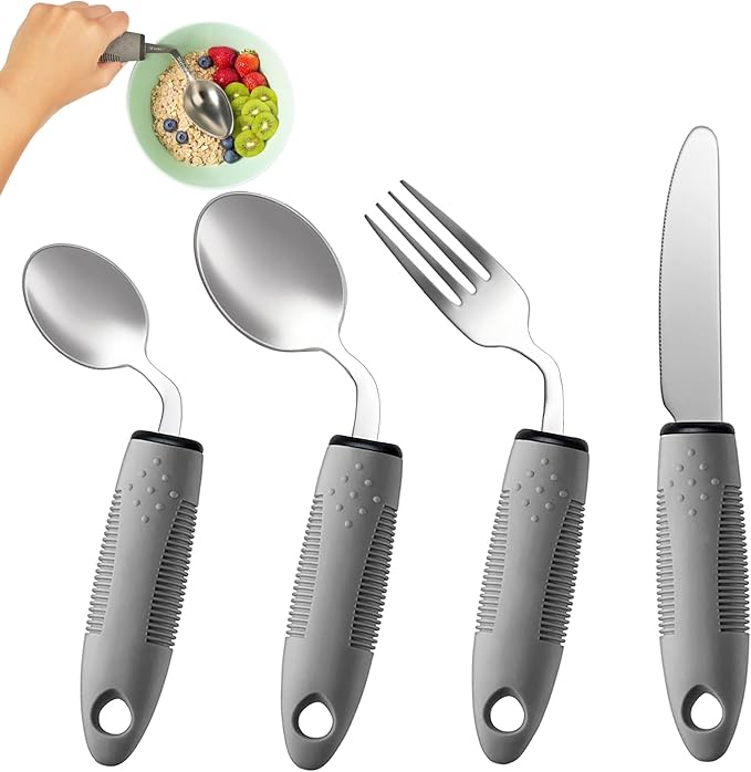4-Piece Adaptive Utensils Set - 42° Angled Parkinsons Utensils, 2.5 oz Weighted Utensils for Hand Tremors and Parkinsons Patients, Weighted Silverware for Hand Tremors (Grey: Right-Handed)