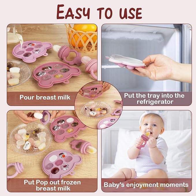 WAJIAYON Baby Breastmilk Popsicle Molds & Baby Fruit Feeder, Infant Food Freezer Tray Storage Containers, Silicone Teething Pacifier Feeder and Teether for Babies,Shower Gifts for Boys and Girls