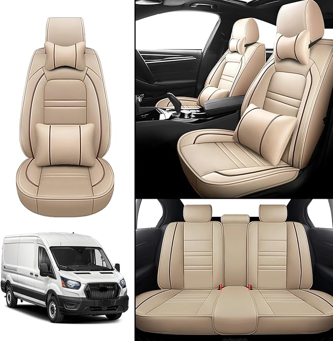 Car Seat Covers for Ford Transit 2014-2024 | 5-Seats Seat Covers, Waterproof Seat Protectors, Automotive Seat Covers (Full Set with Pillow,Beige)