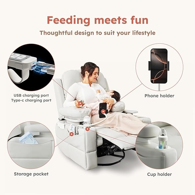 MAMAZING Oversized Rocking Chair Nursery with Adjustable Armrests, Electric Glider Recliner Nursing Chair for Breastfeeding, Power Swivel Recliner Chairs, Oeko-TEX & FSC Certified (Off White)