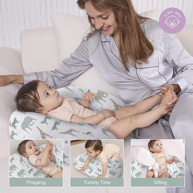 Little Grape Land Muslin Nursing Pillow, Soft 100% Cotton Breastfeeding Pillow with Breathable Removable Cover, Breast Feeding Pillows for Babies 0-12 Months with Protective Zipper Tropical Quest