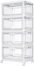 Clear Storage Bins with Lids,4 Tier Plastic Bins with Wheels,Stackable Storage Bin,Closet Organizers Box for Bedroom,Living Room,Toy,23 QT Folding Box with Magnetic door