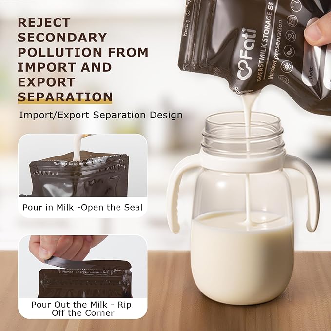 FATI Breastmilk Storage Bags-200 Pcs, 8Oz Blackout Breast Milk Storing Bag with Pour Spout for Baby Bottle Feeding/Breast Pump, No-Leak Milk Freezer Storage Pouches Self-Standing, Baby Essentials