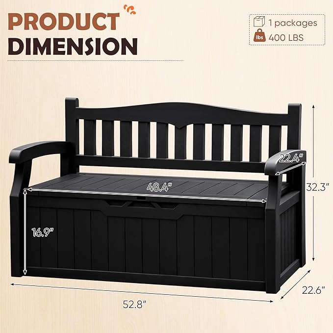 JUMMICO 80 Gallon Resin Outdoor Storage Bench, Large Deck Box with Armrest, Lockable & Waterproof for Garden, Home, Patio, Pools (Black)