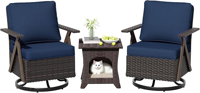 Outdoor Swivel Rocker Chairs, 3 Pieces Wicker Swivel Patio Chair with Rattan Side Table, Patio Furniture Set for Outside Porch Deck