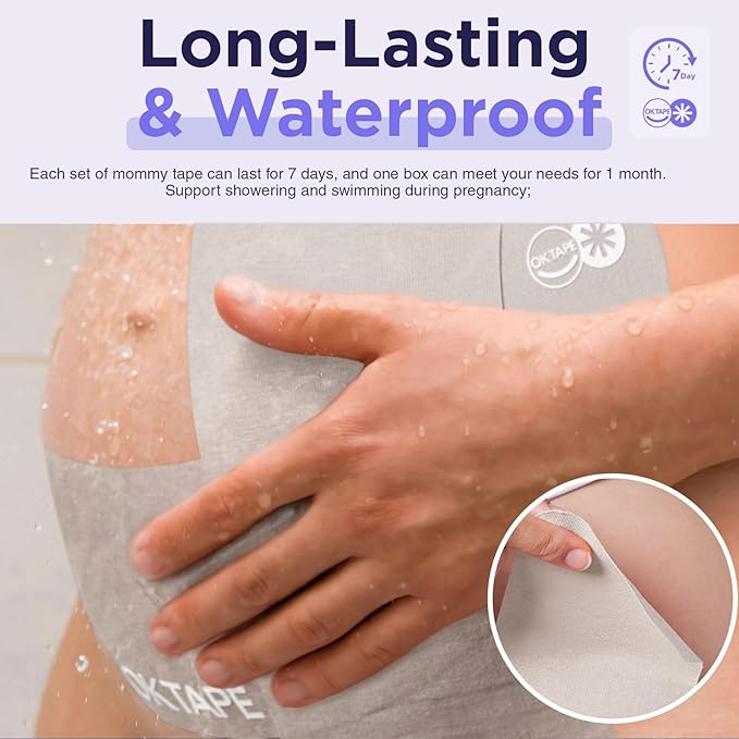 OK TAPE Pregnancy Belly Tape, Hypoallergenic Precut Belly Band Support, Relief Maternity Round Ligament Pain/Back Pain/Belly Pain, Women Pregnancy Must Haves, 4 Sets, Fashion Grey - For 27-40 weeks