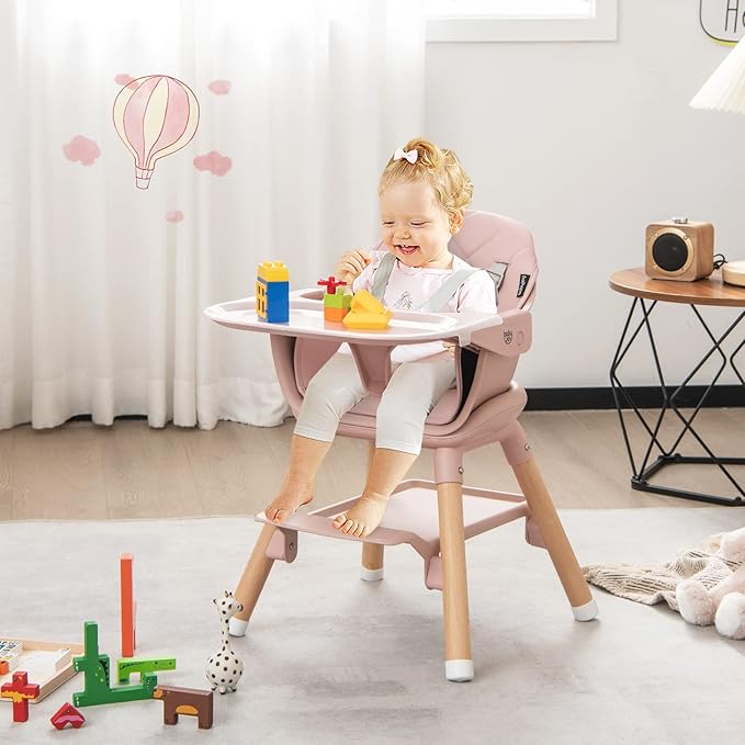 BABY JOY Baby High Chair, 6 in 1 Convertible Wooden High Chair for Babies & Toddlers with Adjustable Legs, Double Removable Tray, Safety Harness & Waterproof PU Cushion (Pink)