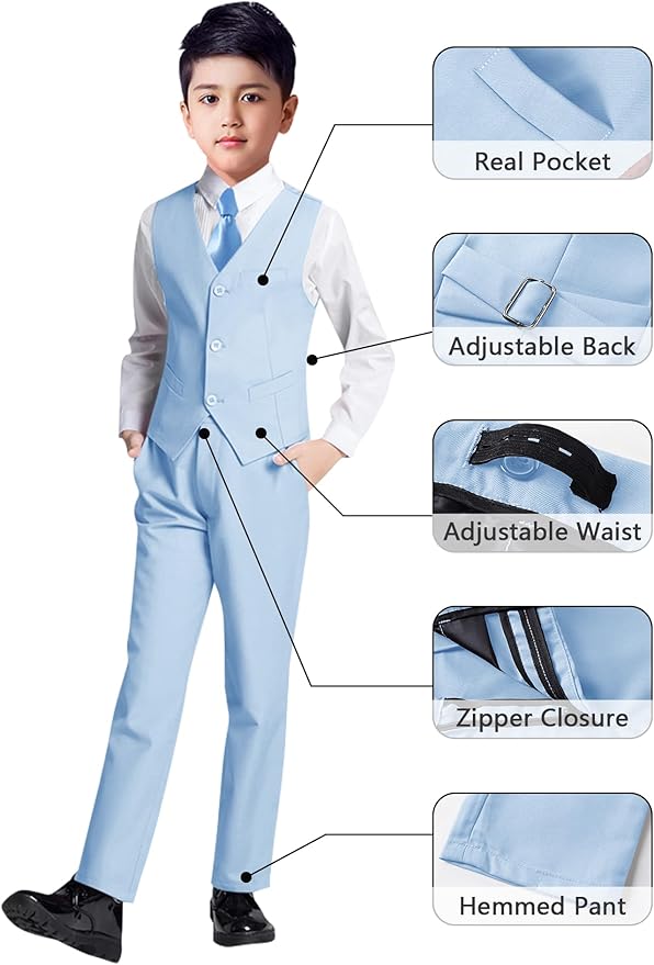 YuanLu Boys Suit for Kids Tuxedo Wedding Ring Bearer Outfit, 5 Piece Boy Slim Fit Formal Suits with Adjustable Waist