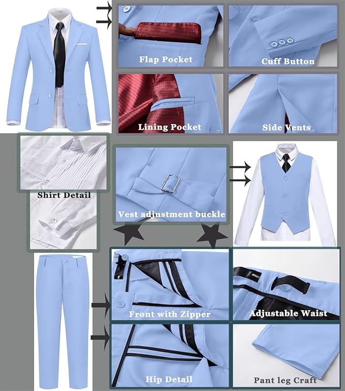 Boys Suit Set Slim Fit Kids Formal Suits Toddler Tuxedo Wedding Prom Classic Suits for Boy Teen Black Blue Dress Outfit