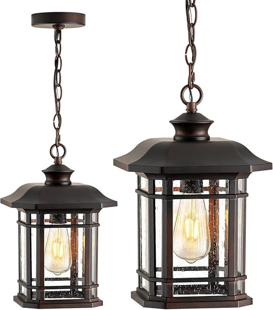 VIANIS Large Outdoor Pendant Lights for Porch, Bronze Hanging Light, Waterproof Hanging Porch Light for House, Garden, Front, Anti-Rust, 100% Aluminum, Seed Glass