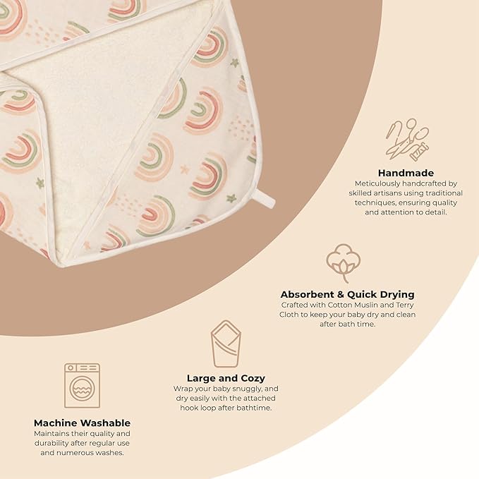 Crane Baby Hooded Towel, 100% Cotton & Terry Cloth Hooded Baby Towels for Boys & Girls, Boho Rainbow, 30" w x 30" h, Hooded Baby Beach Towel, Baby Pool Towel, Baby Bath Towel, Hooded Towels for Baby