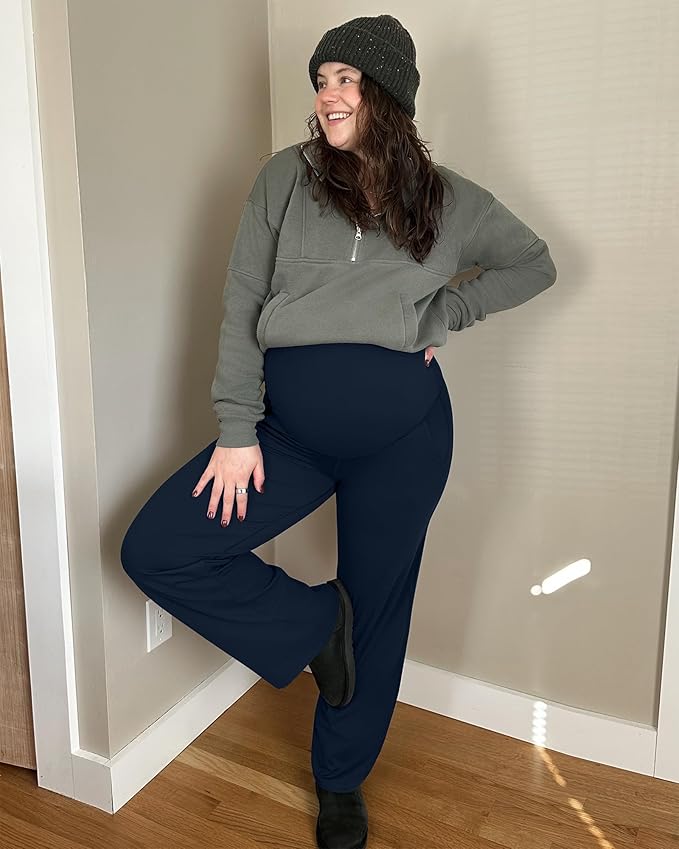 G4Free Maternity Pants Over The Belly Yoga Dress Work Pregnancy Pants Stretchy Lounge Wide Leg Trousers with Pockets