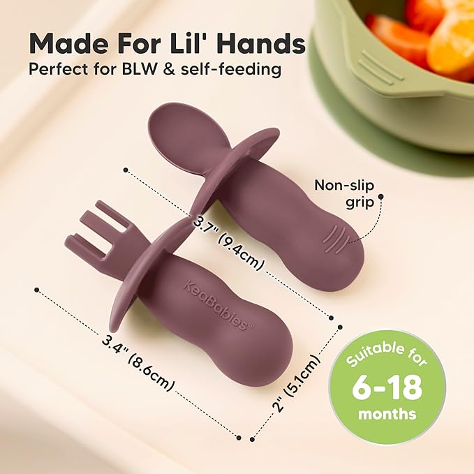 KeaBabies 4-Pack Silicone Baby Spoons and Forks Set - Baby Led Weaning Utensils 6-12 Months, Self Feeding Toddler Spoon & Fork for Training, Teething, Easy to Hold, BPA-Free Silicone (Rocky)