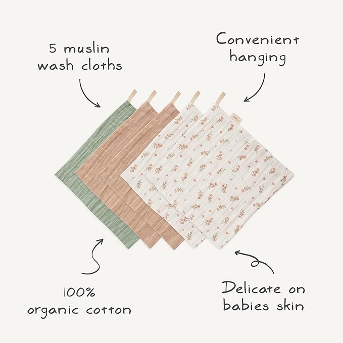 mushie Muslin Organic Cotton Washcloths 5-Pack (Blue Check Combo) | Soft Wipes for Baby Cleanups and Bathing