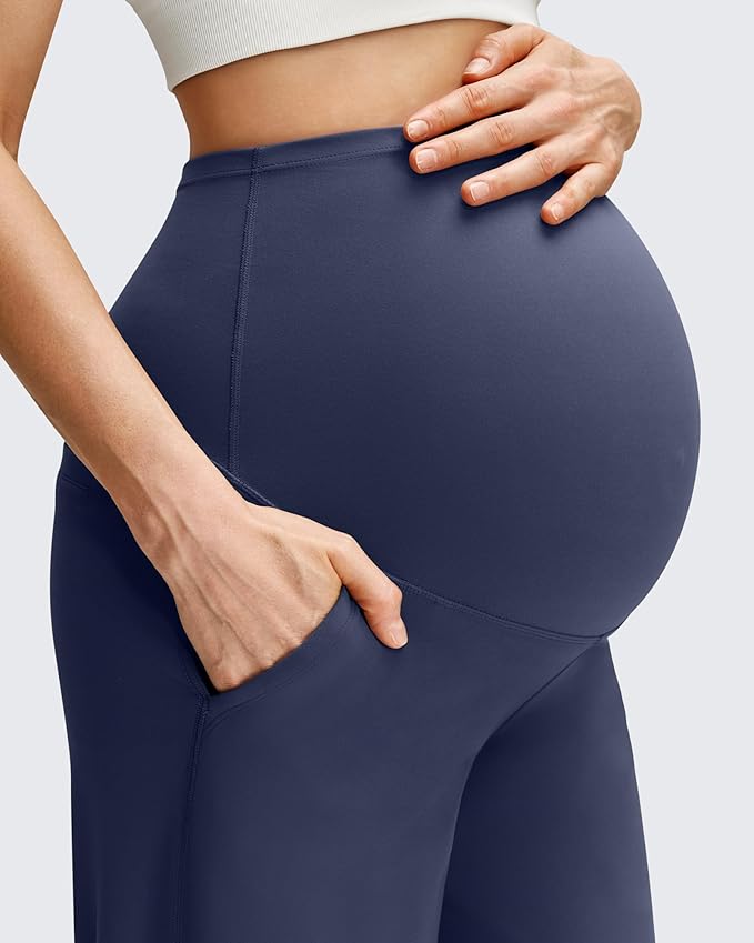 G4Free BareFeel Maternity Dress Yoga Pants with Pockets Over The Belly Stretchy Work Slack Pregnancy Wide Leg Casual Trousers