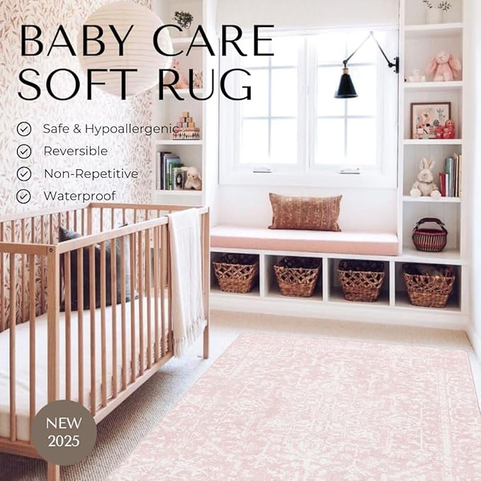 Baby Care Soft Rug (Prestige, Ikat - Inca Pink) 98'' x 59'' Original One-Piece Reversible Rollable Waterproof Play Mat for Infants, Babies, Toddler, and Kids