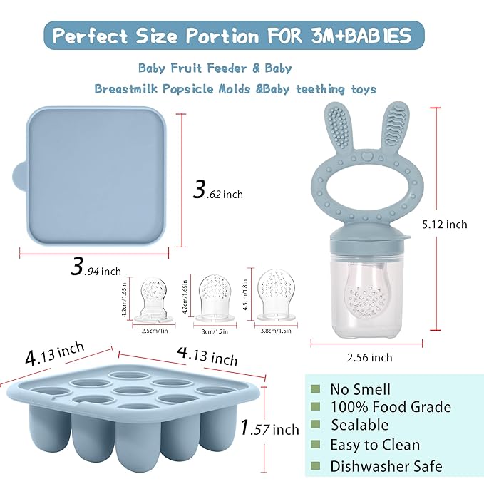 WAJIAYON Baby Breastmilk Popsicle Molds & Babies Fruit Feeder (3 Pack), Infant Food Freezer Tray Storage Containers, Silicone Teething Pacifier Feeder and Teether for Babies,Baby Feeders - Blue