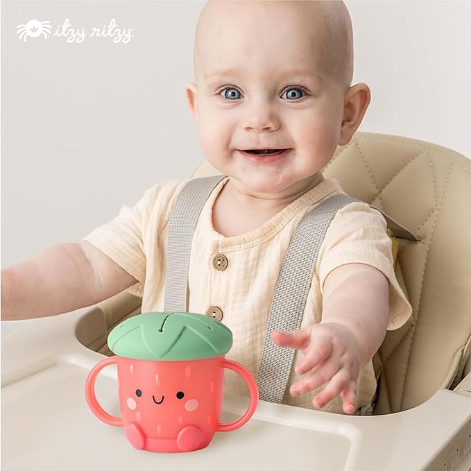 Itzy Ritzy Toddler Snack Cup - Spill-Proof Snack Cup for Toddlers with Soft Silicone Lid for Easy Food Access - Easy-To-Hold Kids Snacks Container With Handles - Ideal for 12 months & Up (Strawberry)