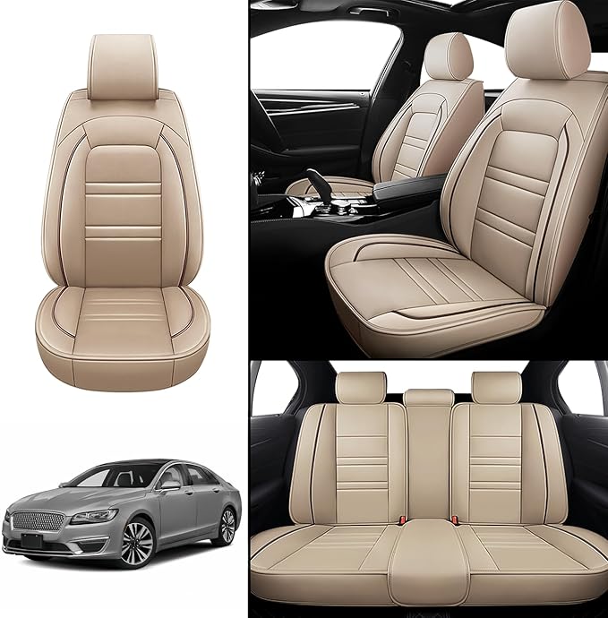 Seat Covers for Lincoln mkz 2011-2020 | 5-Seats Leather Seat Covers, Easy to Install Automotive Seat Covers Full Set (Full Set, Beige)