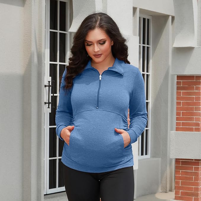 GINKANA Maternity Women's Long Sleeve Shirt Half Zipper Lapel Lightweight Casual Maternity Pullover with Pockets
