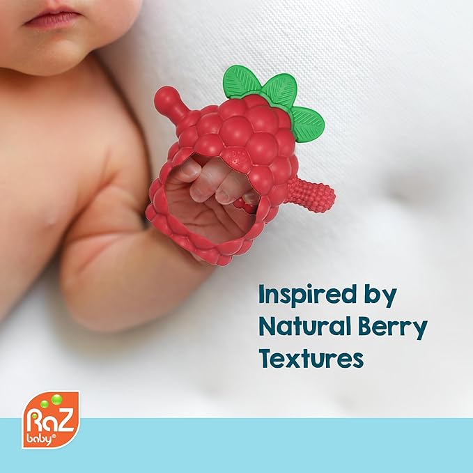 RaZbaby RaZberry Grip Silicone Teether Toy for 3M+ | Drop Resistant Hand Held Teether for Babies and Infants - Designed by Nature with Our Patented BerryBumps Multitextured Design | 3M+, Blue
