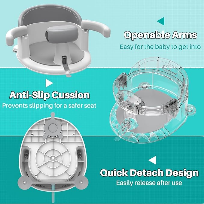 Inaya Baby Bath Seat for Babies 6 Months & Up, Non-Slip, Safe and Comfortable Bathub Chair for Sitting-Up, Ideal Open Design – Essential Bath Time Support (Grey)