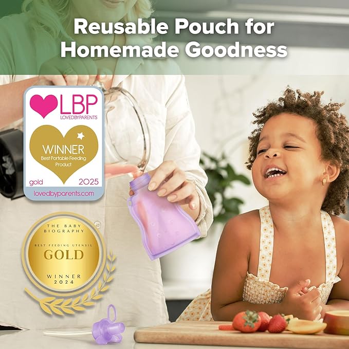 haakaa Yummy Pouch Reusable Baby Food Pouch, Reusable Pouches for Toddlers Kids Squeezable Pouch,Washable Freezer-Make Homemade Organic Food for Babies/Toddlers, 4oz, 2 Pack,6m+(Lavender)