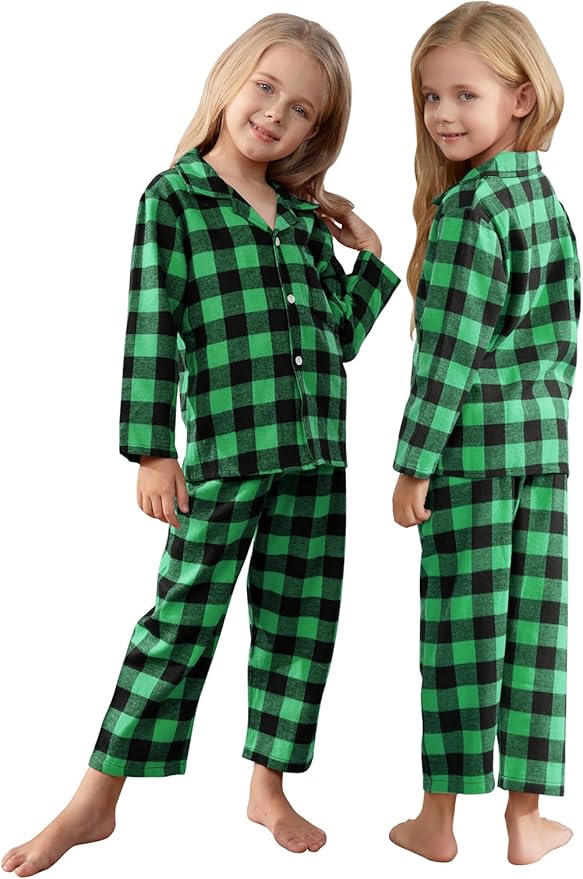 Schbbbta Kids Pajamas Set, Plaid Button Down Pjs for Girls & Boys, 9 Months - 14 Years