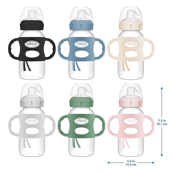 Dr. Brown's Milestones Wide-Neck Sippy Spout Bottle with 100% Silicone Handles, Easy-Grip Handles with Soft Sippy Spout, 9oz/270mL, Light-Blue & Gray, 2-Pack, 6m+