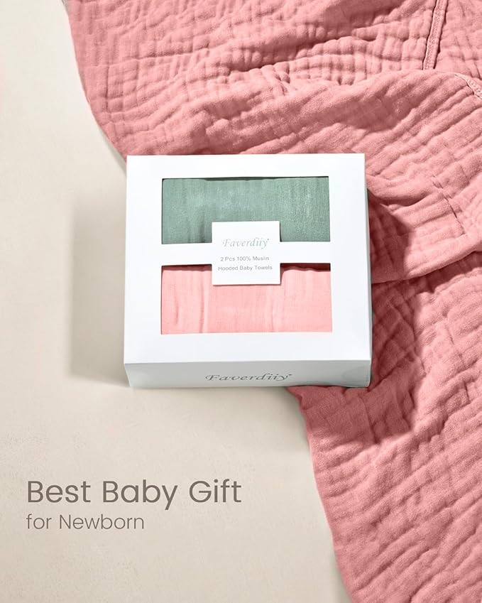Hooded Baby Towels for Newborn, 35x35 Inch 2 Pack 100% Muslin Cotton Baby Bath Towel, Soft Baby Beach Towels with Hood for Infants, Toddlers and Kids, Essentials Must Haves Dusty Pink+ Beige