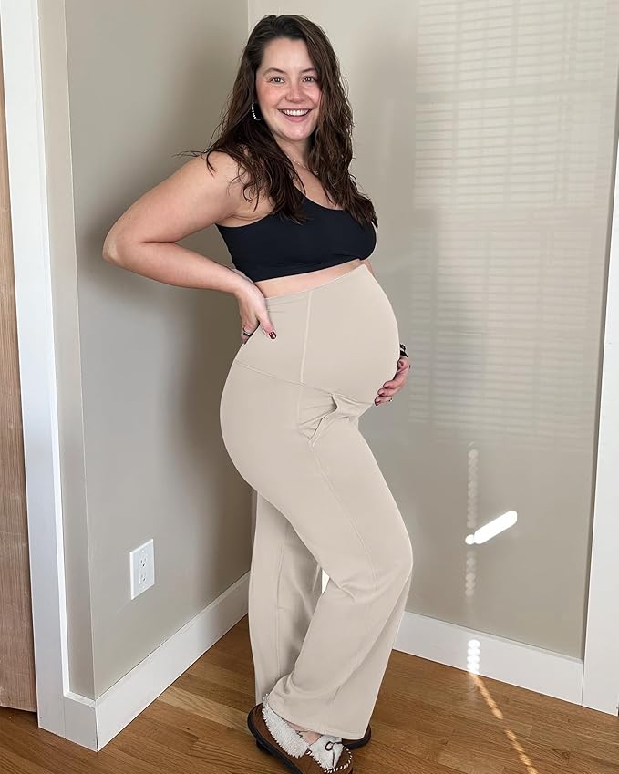 G4Free Maternity Pants Over The Belly Yoga Dress Work Pregnancy Pants Stretchy Lounge Wide Leg Trousers with Pockets