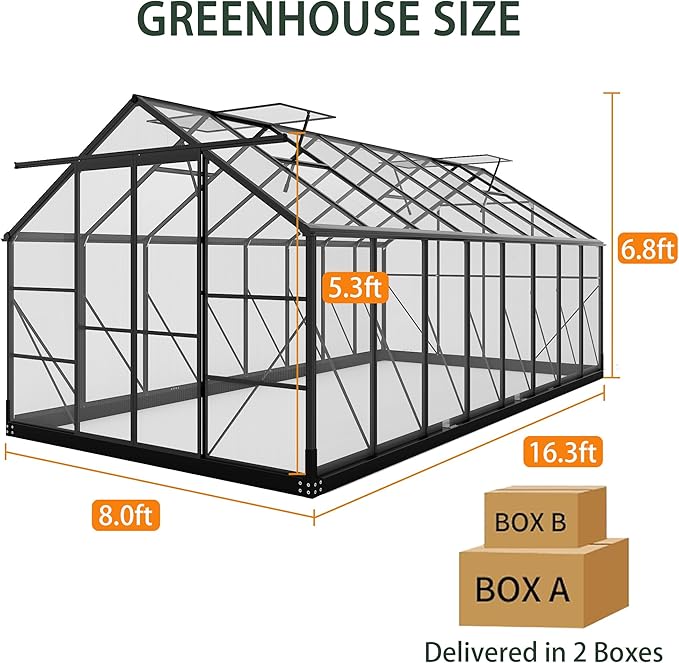 Greenhouses for Outdoors, 8x16 FT Polycarbonate Greenhouses with 4 Adjustable Roof Vents, Walk-in Aluminum Frame Green Houses for Outside with Sliding Doors Windproof, Garden