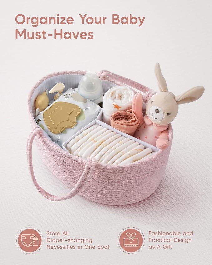 Maliton Baby Diaper Caddy Organizer, Cotton Rope Diaper Caddy Basket, Large Storage Basket for Newborn Boys and Girls, Gift for Baby Shower List, Newborn Essentials