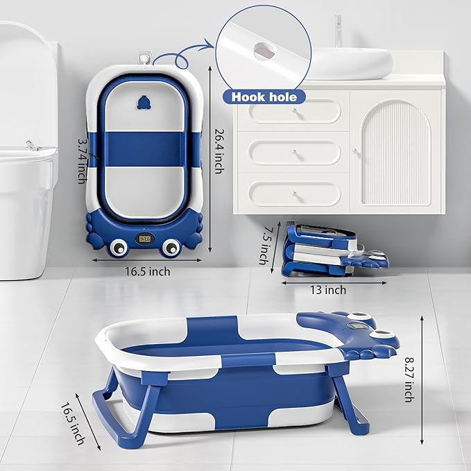 Collapsible Baby Bathtub for Newborns with Thermometer and Soft Floating Cushion Portable and Foldable Travel Baby Boy Bath Tub for Infants to Toddler 0-36 Month (Navyblue)