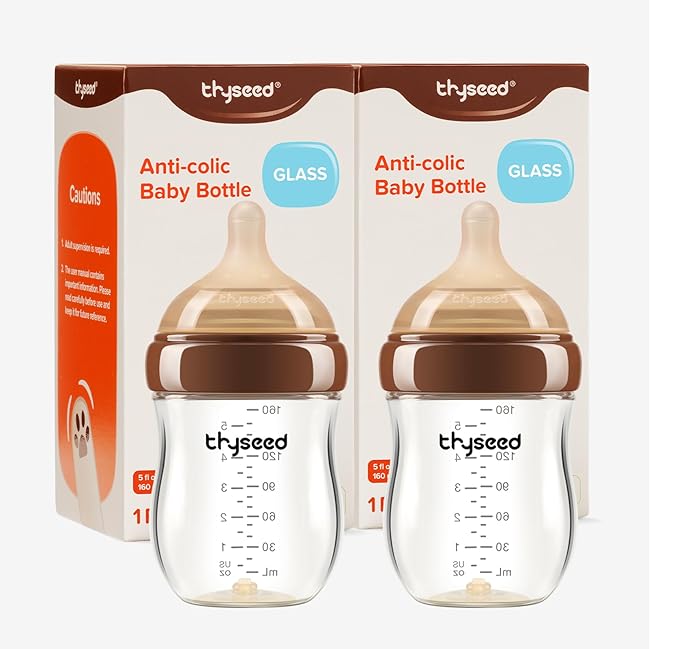 Thyseed Glass Natural Anti-Colic Baby Bottles | Newborn Breast Like Nursing Bottle for Breastfed Babies with Nipple(1-2 Months),5oz,2 Pack