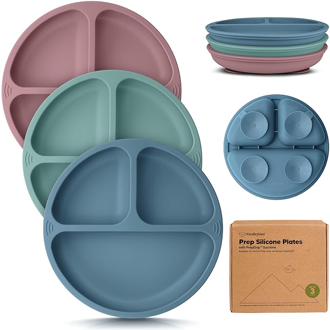 KeaBabies Suction Plates for Baby, Toddler - 3-Pack 100% Silicone Toddler Plates with Suction, Divided, BPA-Free Baby Led Weaning Essentials for Kids, Dishwasher, Microwave Safe, Durable (Quantum)