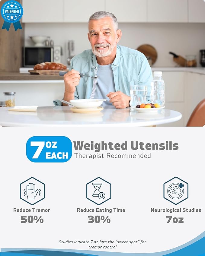 Adaptive Utensils (4-Piece Kitchen Set) Weighted 7 oz - 42° Angled Utensils for Parkinson's Patients, Hand Tremors, Arthritis & Elderly - Weighted Silverware for Hand Tremors (Right Handed)