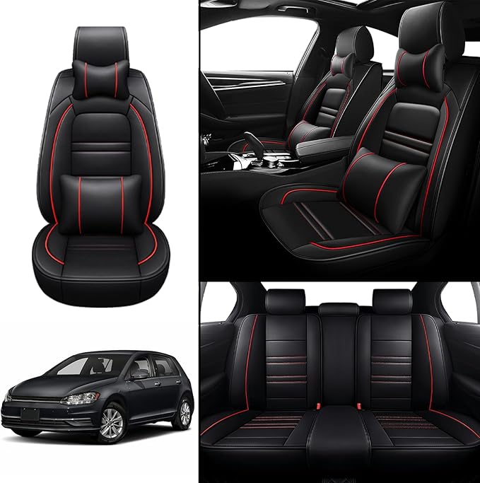 Car Seat Covers for VW Car Golf 2015-2019 | 5-Seats Seat Covers, Waterproof Seat Protectors, Automotive Seat Covers (Full Set with Pillow,Black&Red Line)