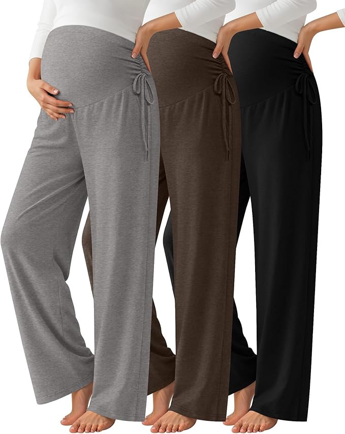 Neer 3 Pack Women's Maternity Pants Over The Belly Loose Pregnancy Pants Stretchy Lounge Wide Leg Trousers with Pockets
