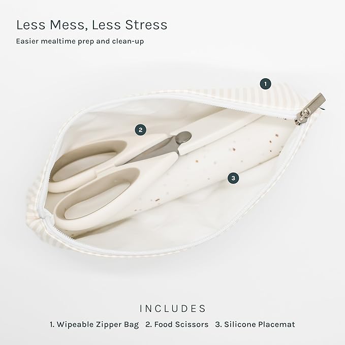 Yeah Baby Goods Toddler Restaurant Essentials Kit – Stripes Baby Feeding Set w/Food Scissors, Silicone Placemat & Wipeable Zipper Tote