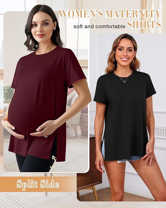 Ficerd 3 Pack Women's Maternity T Shirts, Short Sleeve Side Split Pregnancy Tops Casual Crew Neck Pregnant Tees Mama Clothes