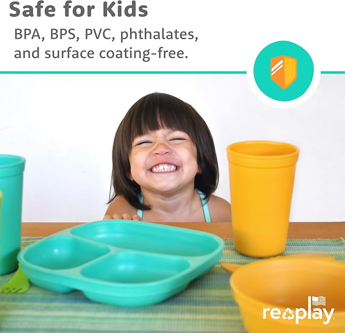 Re-Play Toddler Plates with Dividers & Silicone Lid - Deep-Walled 3 Compartments Divided Plates for Kids - Dishwasher/Microwave Safe - Made in USA - Set of 4-7.37" x 7.37" x 1.25" - Cool Naturals