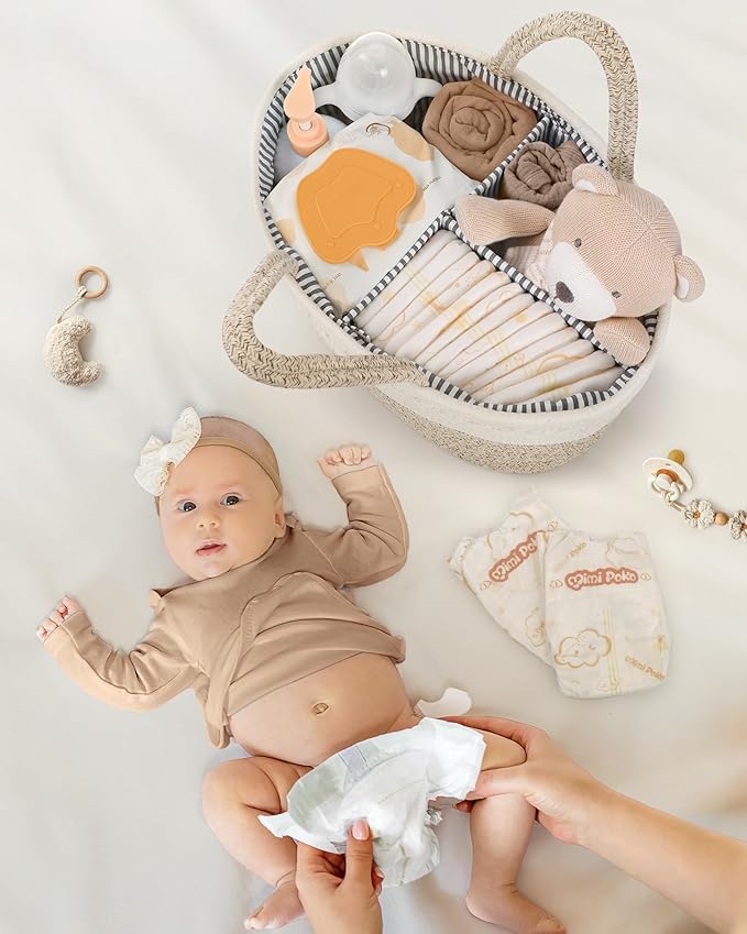 Maliton Extra Large Baby Diaper Caddy Organizer, Cotton Rope Nursery Basket, Portable Diaper Organizer for changing table, Car, Diaper Storage Organizer for Baby Stuff, Baby Shower Gifts for Newborn